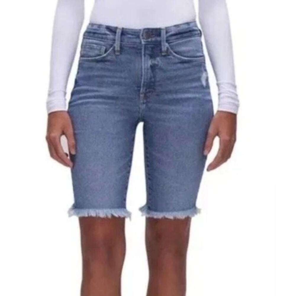 Good American Good Icon Cut Off Denim Shorts 4/27 High Rise 90s Jorts Stretch